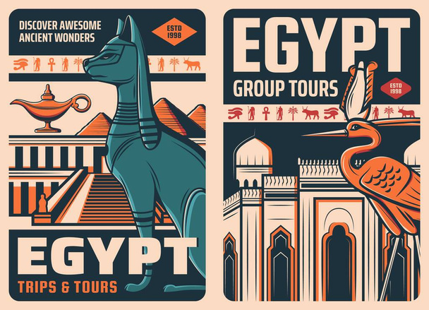 エジプトのレトロ旅行ポスター。観光旅行、古代文化のランドマークへのツアー王の谷のレトロなバナーネクロポリス、ギザとモスクのピラミッド、猫、 AtefクラウンのBenu神ヘロン鳥 - ベクター画像