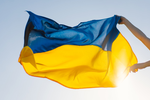 Woman holding a yellow and blue flag of Ukraine in outdoors - Foto, immagini
