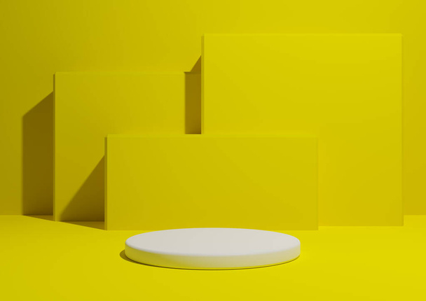 Brilhante, amarelo néon, renderização 3D de um cenário de composição de exibição de produto simples e mínimo com um pódio ou suporte e formas quadradas geométricas no fundo. - Foto, Imagem