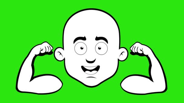 Loop animatie van het gezicht van een cartoon kale man, flexen zijn armen en samentrekken van zijn spieren, getrokken zwart-wit. Op een groene chroma key achtergrond - Video