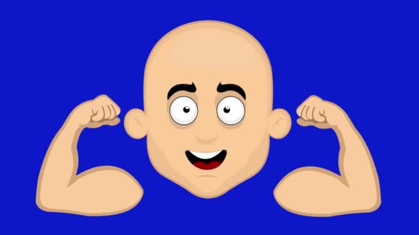 Smyčka animace obličeje kresleného plešatého muže, který ohýbá ruce a stahuje biceps, na modrém pozadí chroma klíče - Záběry, video
