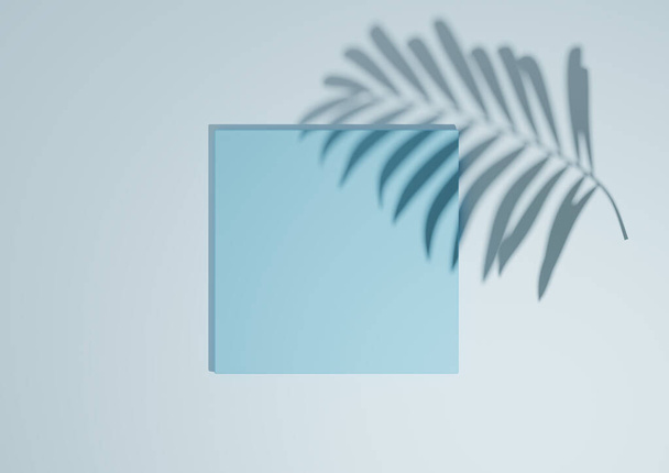 Licht, pastel, babyblauw, 3D maken minimale, eenvoudige bovenaanzicht platte lay product display achtergrond met een podium staan en palmblad schaduw voor natuurproducten - Foto, afbeelding