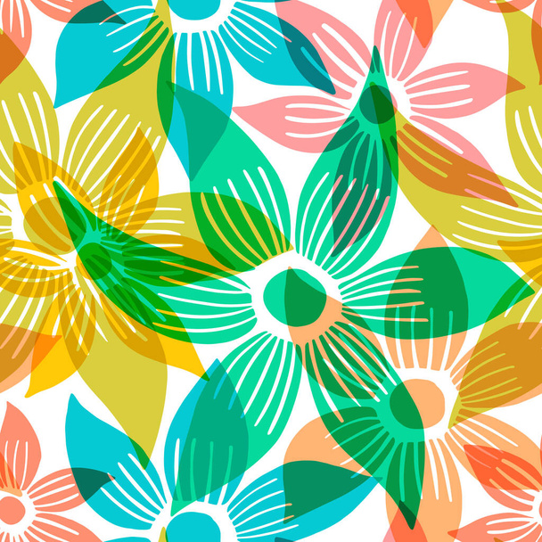 Vector seamless pattern with hand drawn minimalistic flowers, colorful botanical illustration, floral elements. Artistic backdrop. - Vector, Image