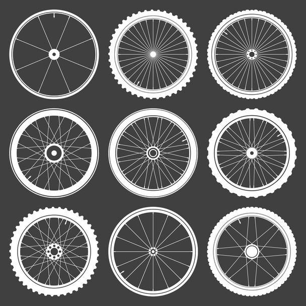 White bicycle wheel symbols collection. Bike rubber tyre silhouettes. Fitness cycle, road and mountain bike. Vector illustration. - Vector, Image