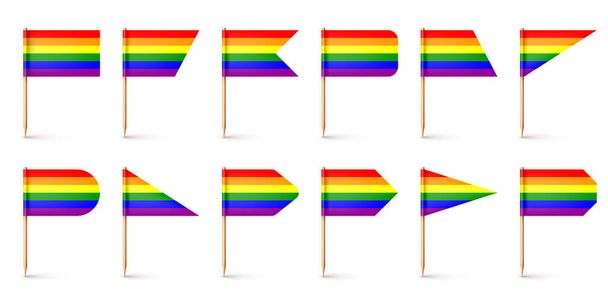 Banderas realistas de varios palillos de dientes. mondadientes de madera con bandera de papel arco iris LGBTQ. maqueta en blanco para publicidad y promociones. El mes del orgullo. Ilustración vectorial - Vector, Imagen
