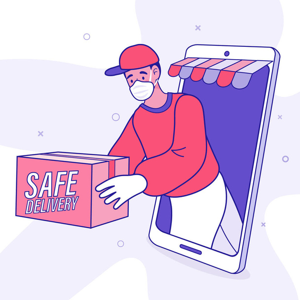 Delivery man red uniform with face mask holding box. Safe food delivery at home during coronavirus covid-19 epidemic delivery man holding a bag with fast food, he is wearing a face mask and gloves. - Vector, Image
