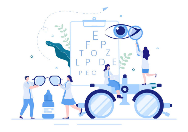 Ophtalmologie des contrôles Vue du patient, test des yeux optiques, technologie des lunettes et choix des lunettes avec lentille correctrice dans l'illustration de bande dessinée plate - Vecteur, image