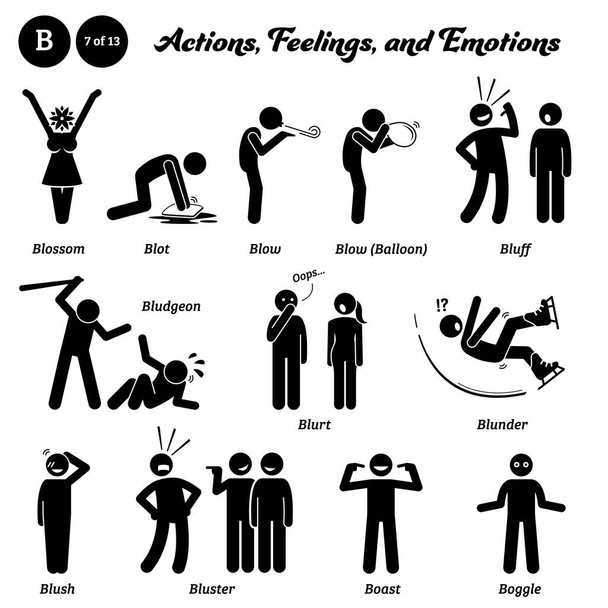 Stick figure human people man action, feelings, and emotions icons starting with alphabet B. Blossom, blot, blow air, blow balloon, bluff, bludgeon, blurt, blunder, blush, bluster, boggle, boggle. - Вектор,изображение