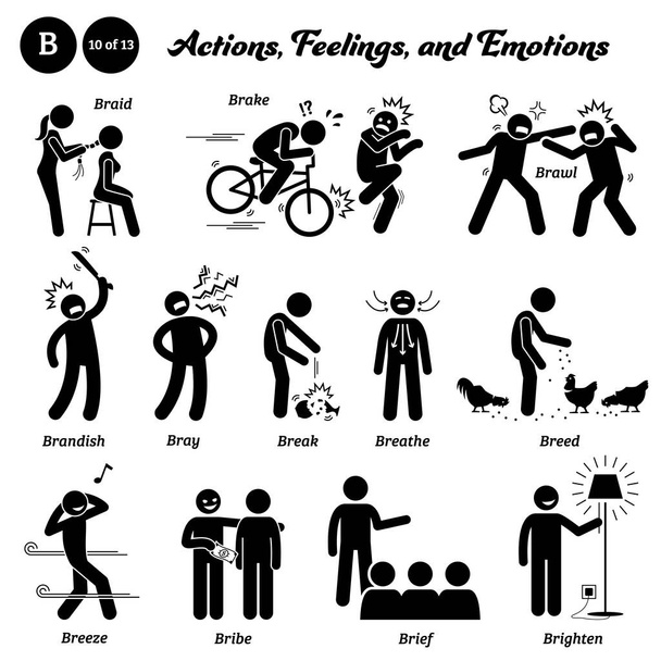 Stick figure human people man action, feelings, and emotions icons starting with alphabet B. Braid, brake, brawl, brandish, bray, break, breathe, breed, breeze, bribe, brief, and brighten.  - Vector, Image