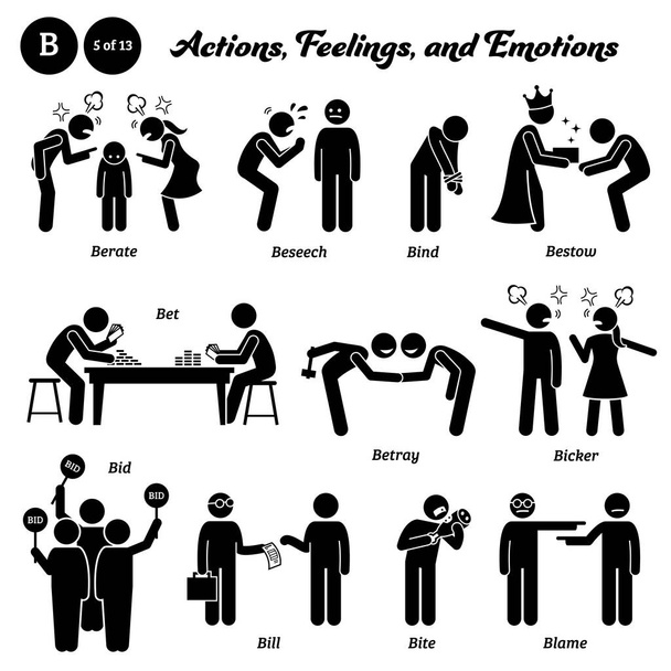 Stick figure human people man action, feelings, and emotions icons starting with alphabet B. Berate, beseech, bind, bestow, bet, betray, bicker, bid, bill, bite, and blame. - Vector, Image