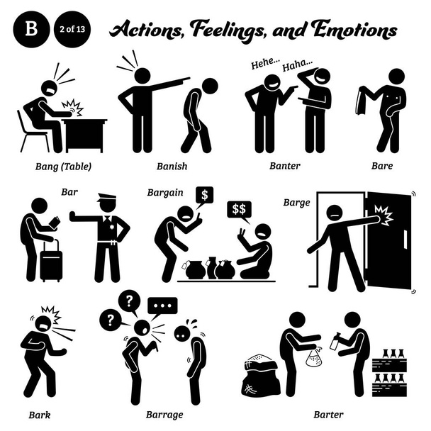 Stok figuur mensen mens actie, gevoelens, en emoties pictogrammen te beginnen met alfabet B. Bang tafel, banneling, scherts, kaal, bar, koopje, schuit, schors, spervuur, en ruilhandel. - Vector, afbeelding