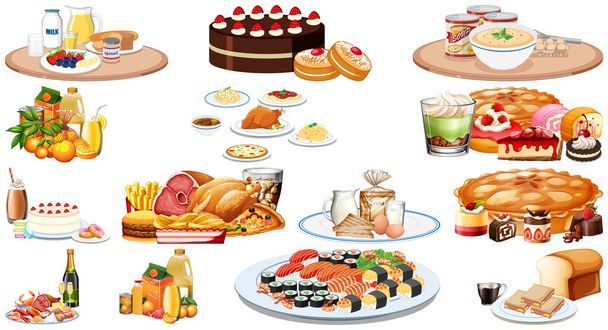 Set of different foods and beverages illustration - Vector, Image
