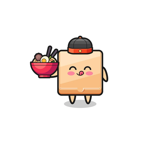 pizza box jako čínský kuchař maskot drží misku nudlí, roztomilý design - Vektor, obrázek