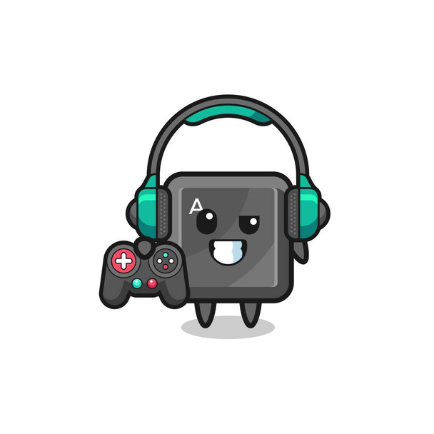 teclado botón gamer mascota celebración de un controlador de juego, lindo diseño - Vector, imagen