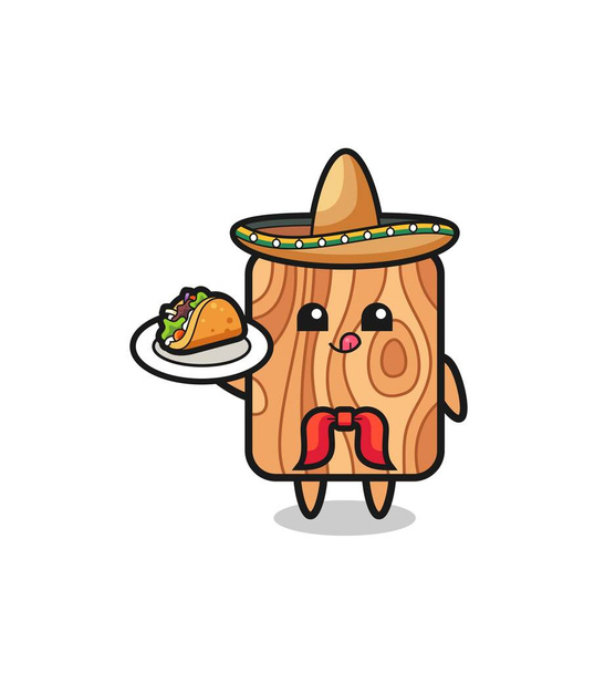 prkno dřevo mexický kuchař maskot drží taco, roztomilý design - Vektor, obrázek