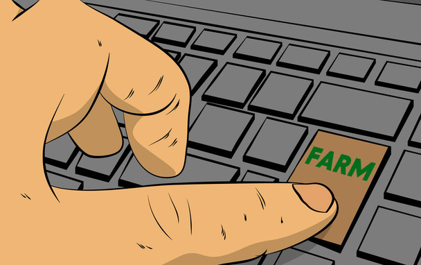 Farm word on computer keyboard. Man push keypad on laptop. Comic book style concept. - Vector, Image