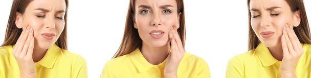 Set of young woman suffering from toothache on white background - 写真・画像