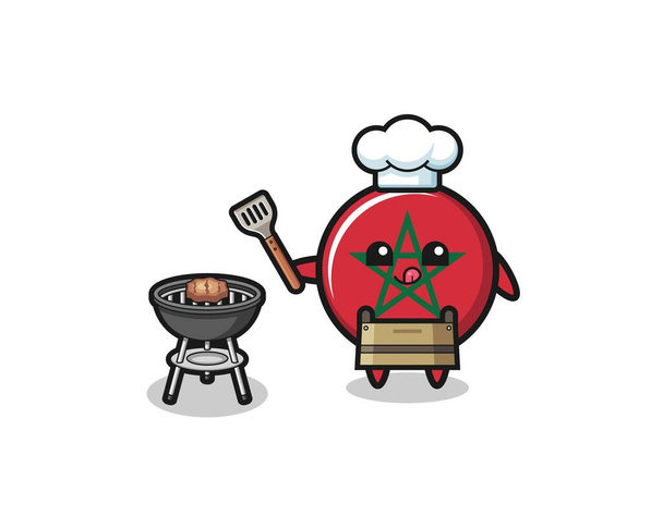morocco flag barbeque chef with a grill , cute design - Vector, Image