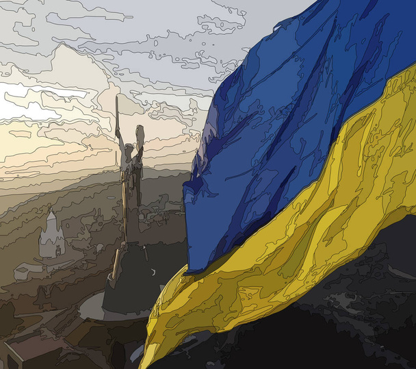   Národní vlajka země Ukrajina (modrá, žlutá barva) a Vlast Monument, nezávislost nebo vlastenectví, Stop války, šablona pro svobodu, demokracii nebo práva životního prostředí - Vektor, obrázek
