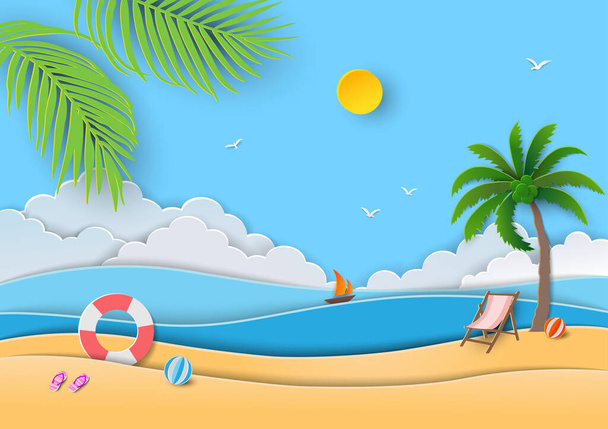 Relaxamento de verão com vista para o mar azul, areia, sol, anel de natação, sandálias, bola de praia e palmeira de coco no corte de papel e estilo artesanal, ilustração vetorial - Vetor, Imagem