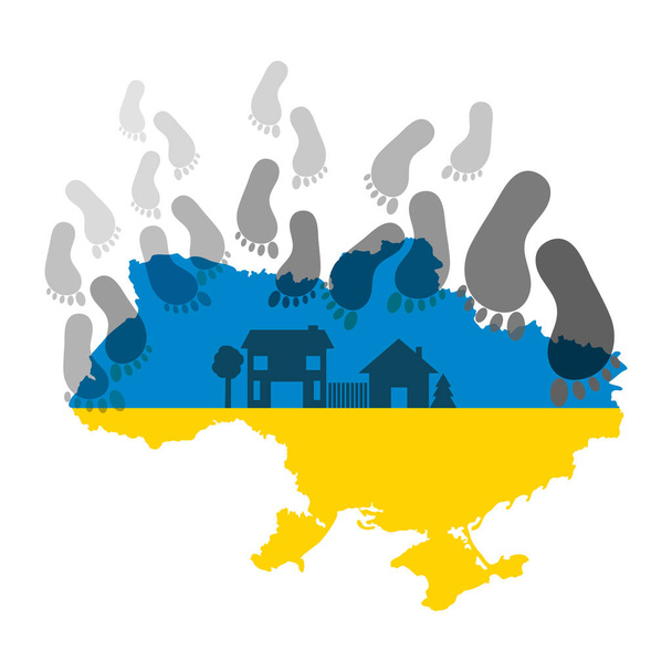 Mapa de Ucrania con rastros. El concepto del retorno de los refugiados ucranianos a su patria. Mapa de Ucrania y huellas de los pies desnudos de una persona. - Vector, imagen