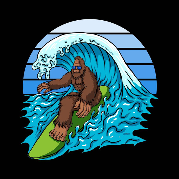 Bigfoot surfer sur les vagues illustration vectorielle - Vecteur, image