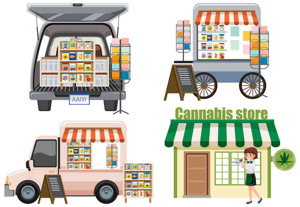 Bleší trh koncept se sadou různých obchodů ilustrace - Vektor, obrázek