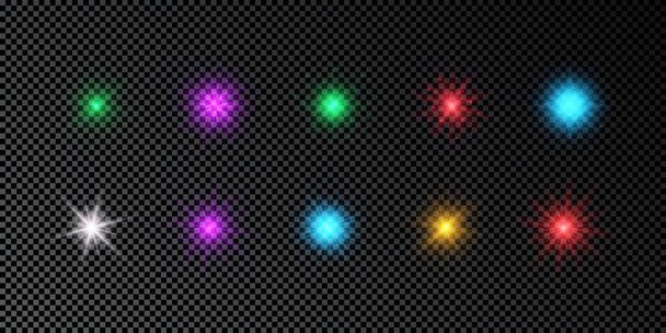Effet de lumière des fusées éclairantes. Ensemble de lumières éclatantes multicolores effets de rafale d'étoiles avec des étincelles sur un fond transparent foncé. Illustration vectorielle - Vecteur, image