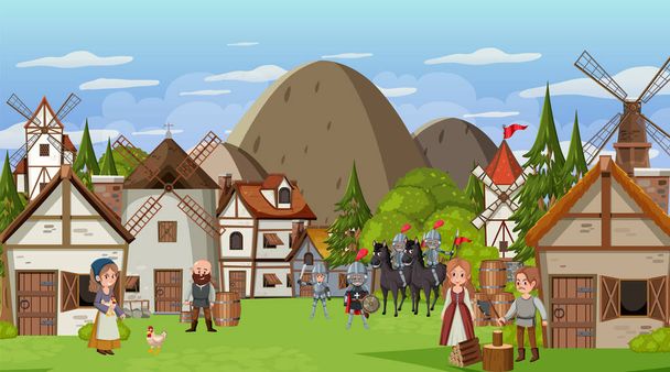 Средневековая городская сцена с иллюстрацией сельских жителей - Вектор,изображение
