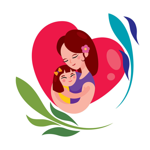 Happy Mothers Day with flat design mother hugging daughter in arms on heart shaped background - Vector, Image