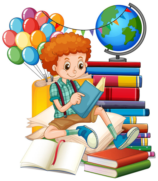 Chłopiec czytający książki na stosie ilustracji książek - Wektor, obraz