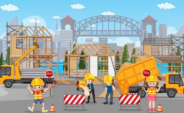 Building construction site and workers illustration - Vector, Image