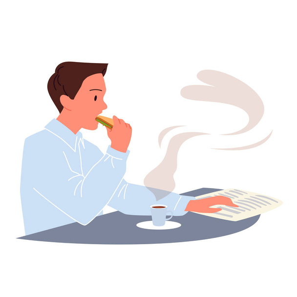 Coffee break of busy office worker, businessman eating sandwich, sitting at table - Vetor, Imagem
