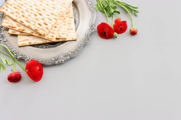 Passover background of matzoh (jewish holiday bread). Top view - Zdjęcie, obraz
