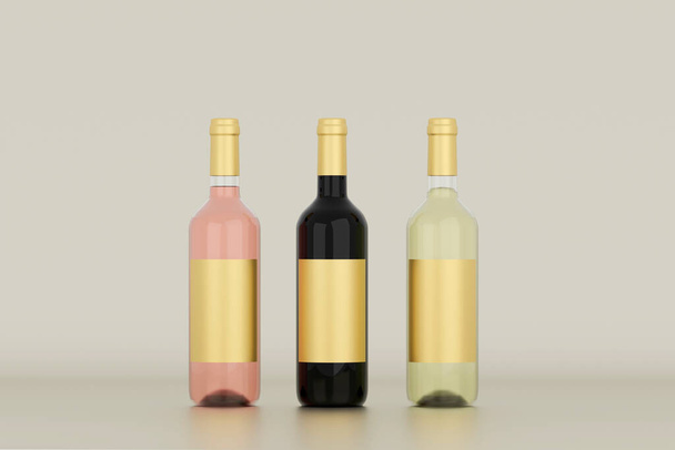 Wine Bottle Mock-Up - Three Bottles. Blank gold Label.3d render - 写真・画像