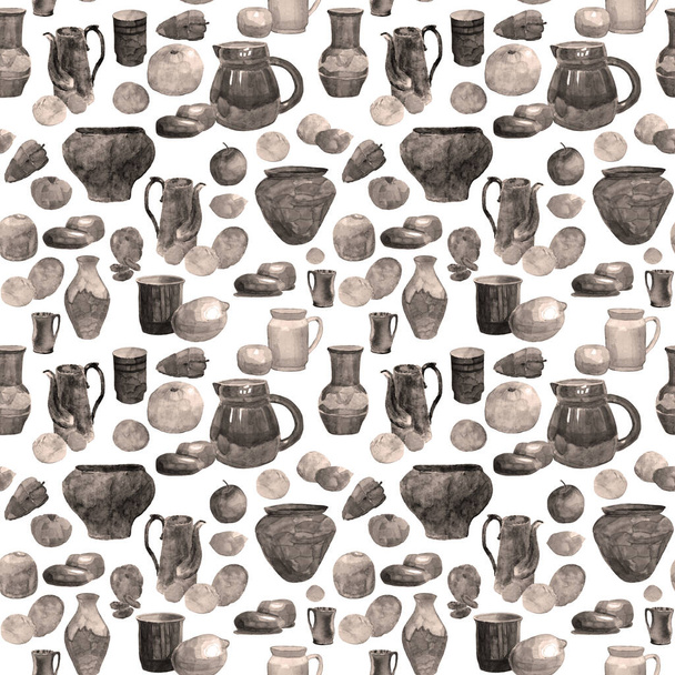 Seamless pattern from vintage Watercolor still life monochrome illustrations with antique glazed crockery, cast iron pots, fruits and vegetables on a light background  - Photo, image