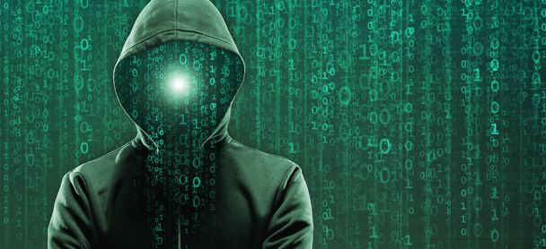 Wanted Hacker is Coding Virus Ransomware Using Abstract Binary Code. Cyberattack, System Breaking and Malware Concept. - Foto, imagen