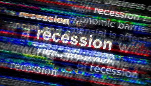 Headline news across international media with recession, market crisis, economy and business crash. Abstract concept of news titles on noise displays. TV glitch effect 3d illustration. - Photo, Image
