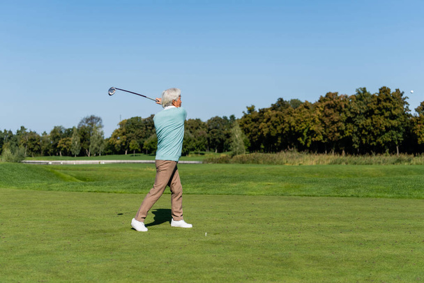 full length of asian senior man playing golf on green lawn  - Zdjęcie, obraz