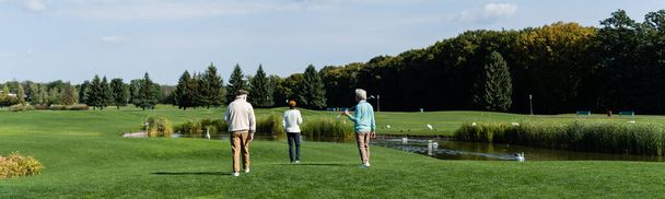 vista trasera de los hombres multiétnicos mayores con palos de golf caminando cerca del estanque en el césped verde, pancarta - Foto, imagen