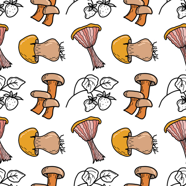 Herbst Pilz nahtlose Muster. Vektormuster mit Steinpilz und Geißblatt, mit Walderdbeeren. Design für Hüllen, Schreibwaren und Textilien. - Vektor, Bild