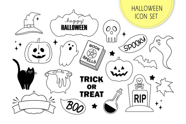 Conjunto de ícone de Halloween de 18 elementos. Abóbora, crânio, fantasma, gato preto, chapéu e outros. Ilustração vetorial. EPS 10. - Vetor, Imagem