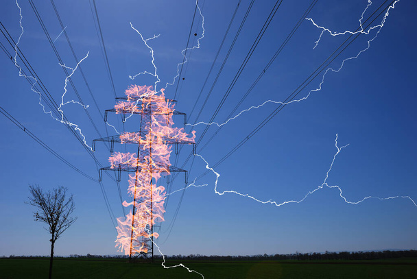 single burning electricity pylon with many bright lightnings electricity prices increase due to inflatio - Photo, Image