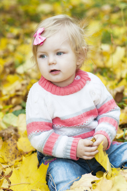 menina com folhas de outono
 - Foto, Imagem
