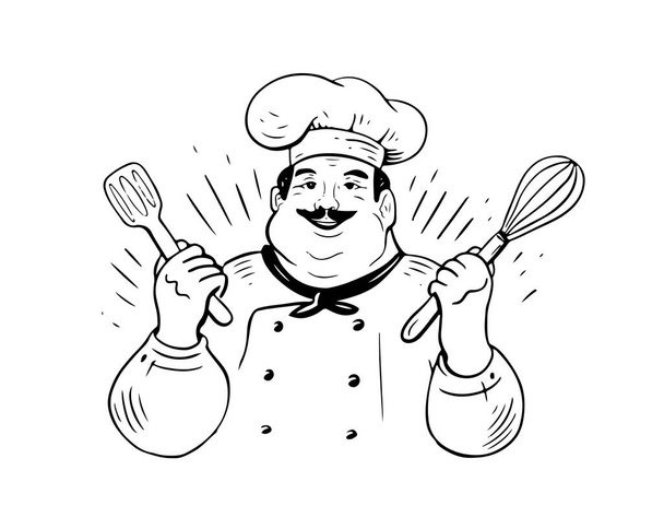 Fröhlicher Koch - Symbol oder logo.Restaurant, Food-Konzept.Baker Koch hält Schneebesen .Vector Illustration, Doodle-Stil - Vektor, Bild