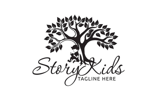 story kids logo with a child sitting reading a book under a shady tree. - Vector, Image