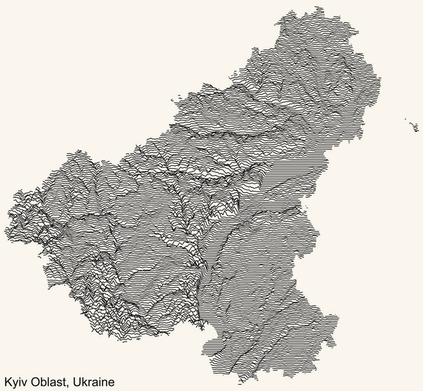 Topographic relief map of the Ukrainian administrative area  of KYIV OBLAST, UKRAINE with black contour lines on vintage beige background - Vector, Image