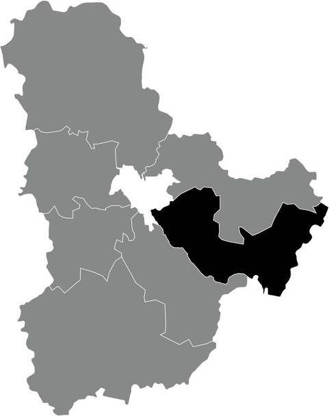 Black flat blank mappa di localizzazione evidenziata della RAIONE BORYSPIL all'interno della mappa dei raioni grigi dell'area amministrativa ucraina dell'Oblast 'di Kiev, Ucraina - Vettoriali, immagini