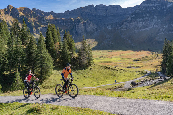 Avusturya, Vorarlberg, Mellau yakınlarındaki Bregenz Wald dağlarının sonbahar atmosferinde dağ bisikletlerine binen üç mutlu yetişkin. - Fotoğraf, Görsel
