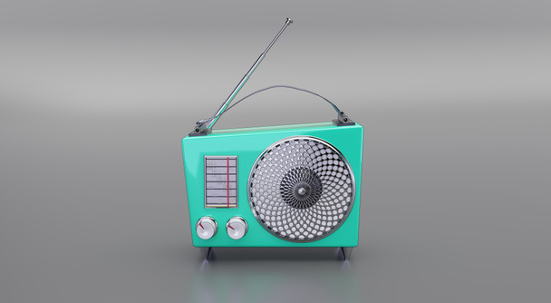 Representación 3D. Receptor de radio turquesa brillante, aislado sobre un fondo gris, vista frontal - Foto, imagen